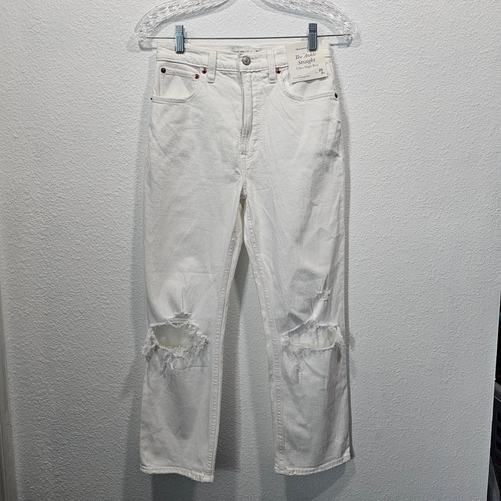 Abercrombie & Fitch The Ankle Straight Ultra High Rise Distressed White Jeans 26